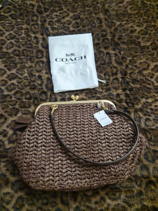 Coach Handbags - COACH KISSLOCK  Brown Woven Straw Frame-Top  Bag